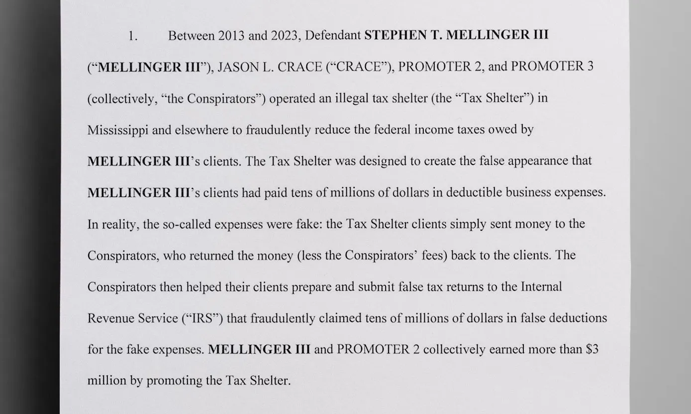 Prosecutors allege that Stephen T. Mellinger III and his co-conspirators made millions promoting illegal tax shelters over a decade - The Daily Muck