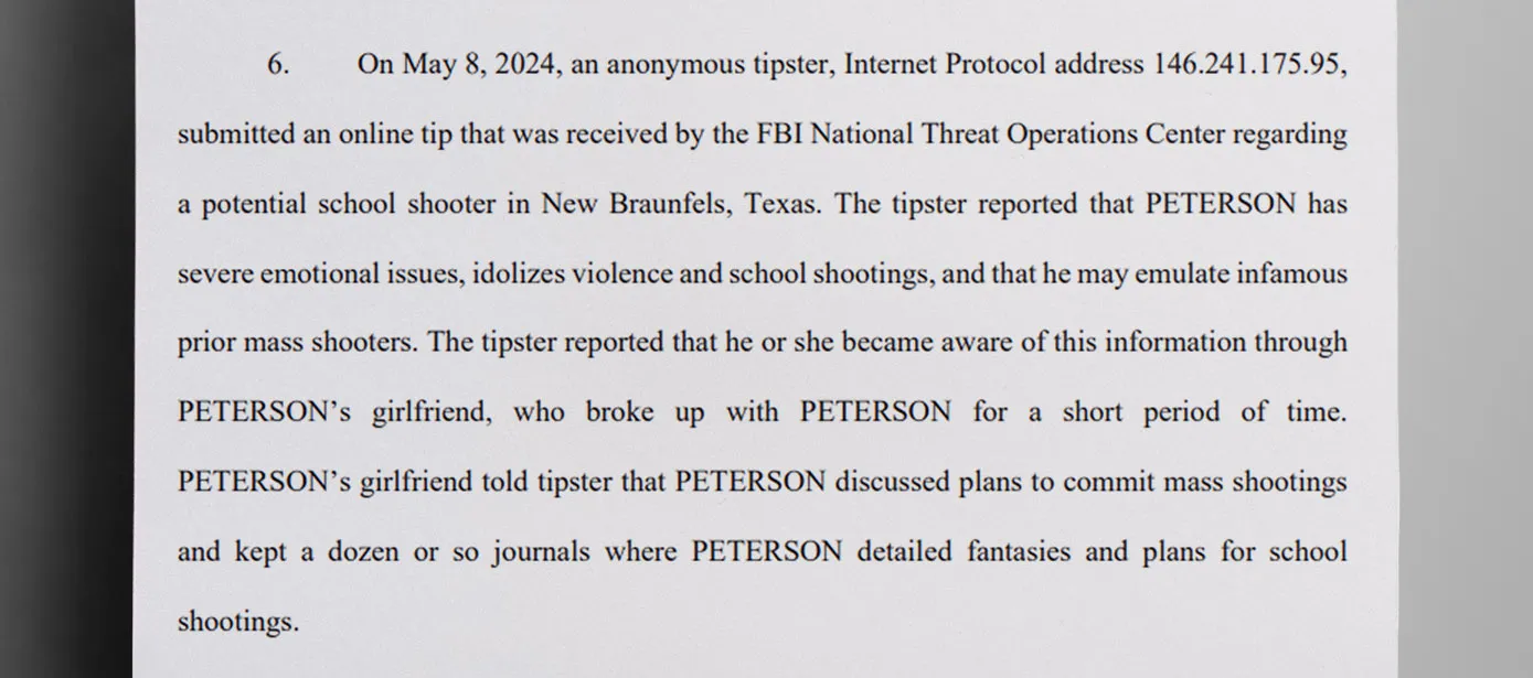 Peterson came under law enforcement scrutiny after they received an anonymous complaint about his intentions to conduct a mass shooting - The Daily Muck