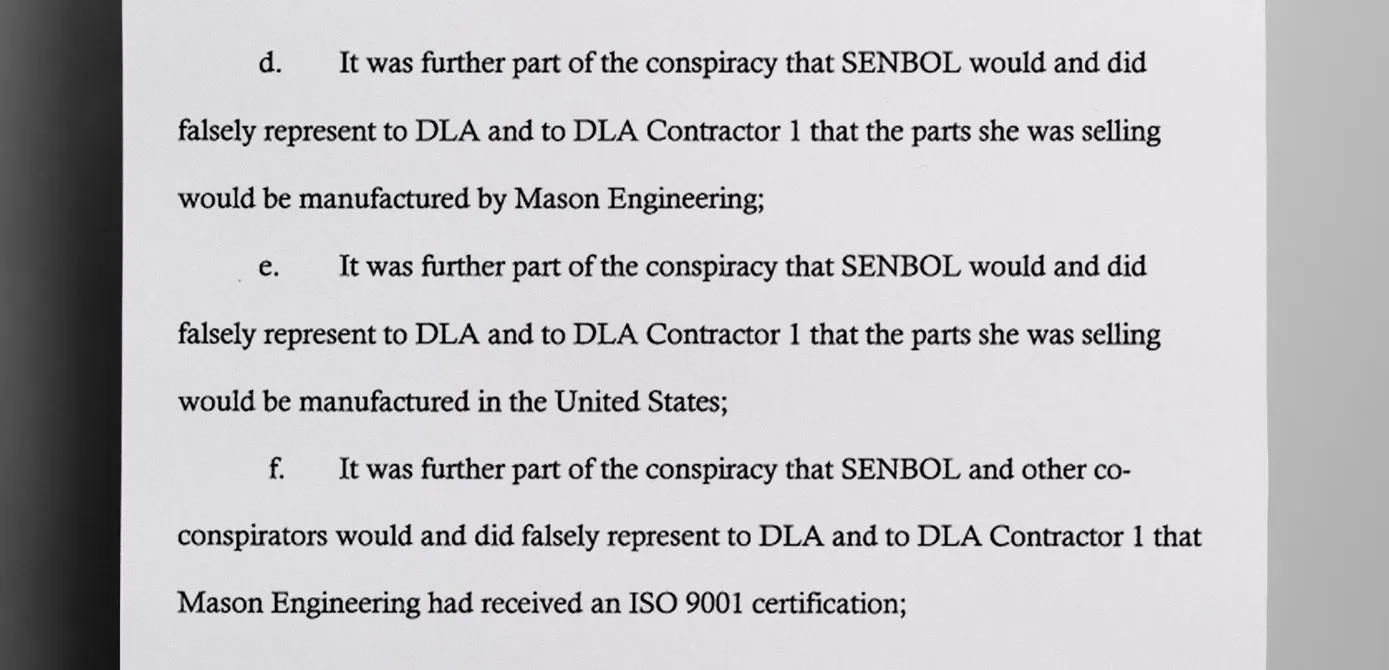 Senbol falsely represented to the Defense Logistics Agency that the components would be made in the United States and conform to ISO 9001 certification - The Daily Muck