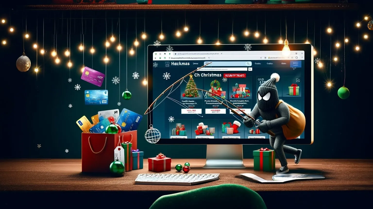 A Man in a Mask Holds a Fishing Rod Over a Gift Bag of Stolen Credit Cards with Hackmas Written in the Background