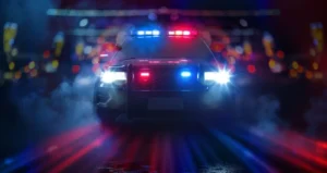 A_Police_Car_Drives_With_Red_And_Blue_Lights_Down_a_Dark_Road_at_Night_Representing_a_Guilty_PLea_By_A_Massachussets_Cops_and_Brother_On_Charges_of_Defrauding_Homeowners_Assistance_Program
