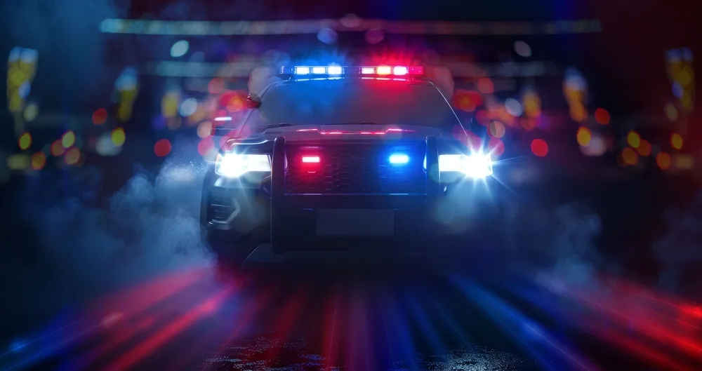 A_Police_Car_Drives_With_Red_And_Blue_Lights_Down_a_Dark_Road_at_Night_Representing_a_Guilty_PLea_By_A_Massachussets_Cops_and_Brother_On_Charges_of_Defrauding_Homeowners_Assistance_Program