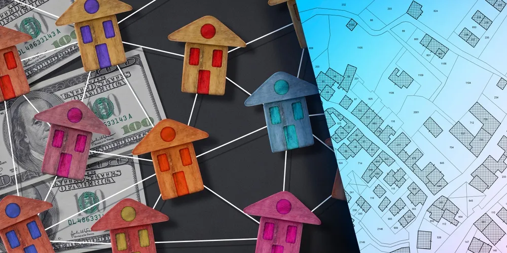 A_Web_of_Houses_on_Top_of_100_Dollar_Bills_Next_to_a_Property_Map_Represents_a_Woman_in_Virginia_Who_Has_Been_Convicted_of_Stealing_More_than_1_Million_From_Homeowner_Associations