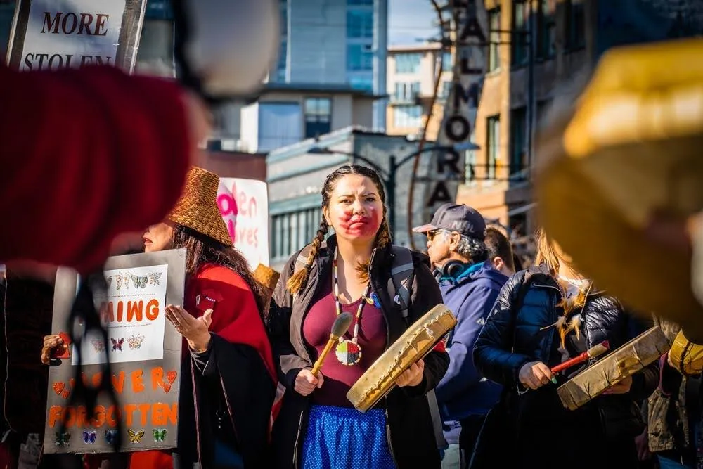 At another demonstration in Vancouver, Canada, demonstrators beat drums to protest the apparent lack of interest in MMIW cases.