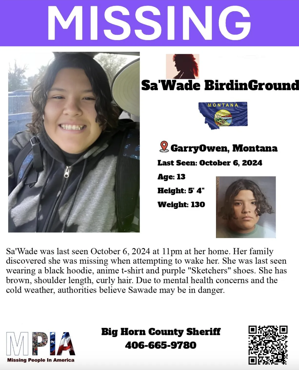 Sa’Wade Birdinground has been missing since Oct. 6. The FBI has joined the Big Horn County Sheriff in searching for the girl. 