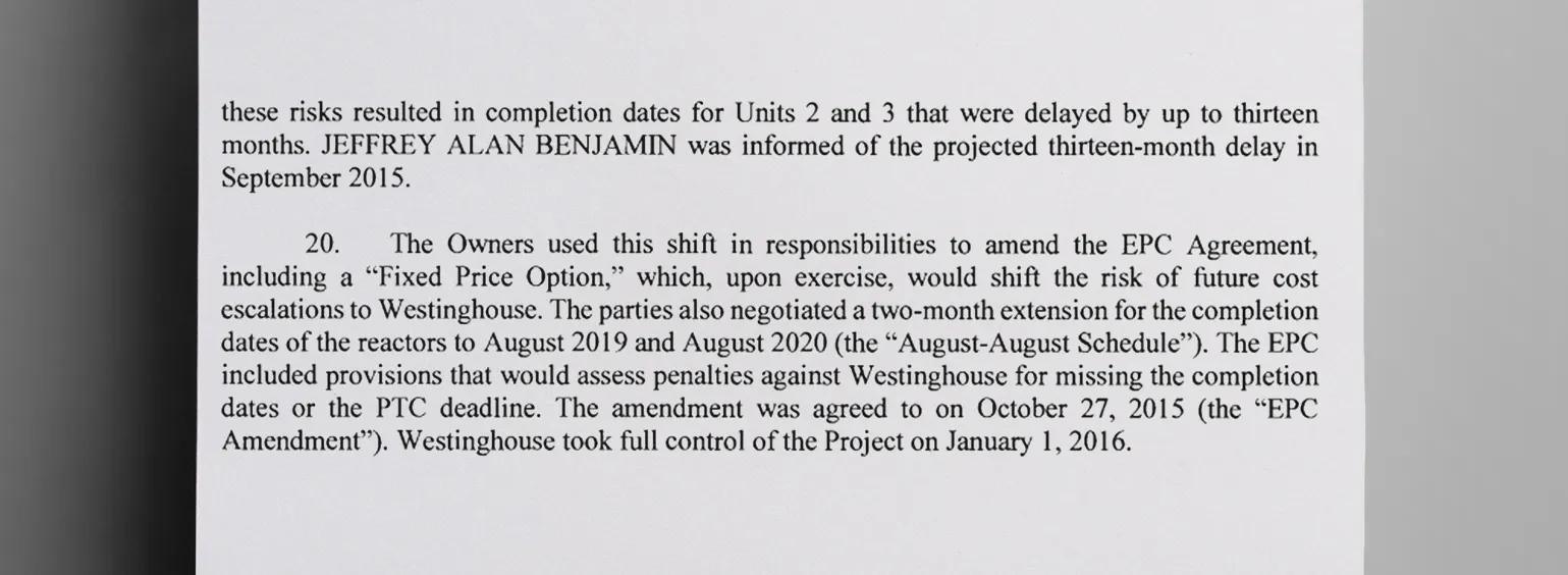 Unforeseen delays shifted the projected completion of the nuclear plant back by two months