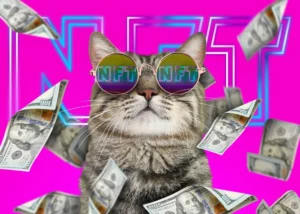 A_Cat_With_Falling_Hundred_Dollar_Bills_and_a_Pink_Background_Represents_an_NFT_Scam