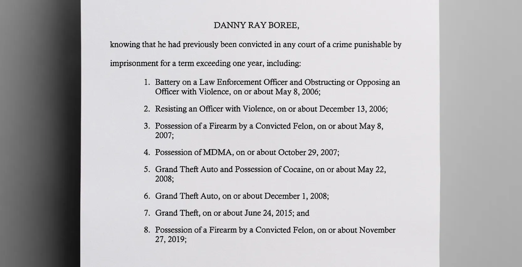 Prior_to_his_arrest_in_this_case_Danny_Ray_Boree_had_already_been_convicted_of_various_felonies_including_violently_resisting_arrest_grand_theft_auto_and_a_prior_conviction_for_carrying_a_firearm_as_a_convicted_felon