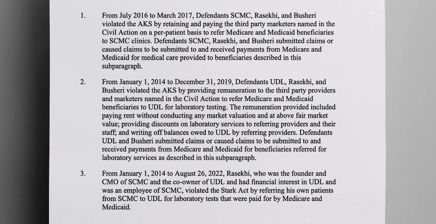 Among_the_allegations_listed_in_the_settlement_were_that_Dr_Rasekhi_violated_anti_kickback_laws_and_submitted_false_claims_to_government_medical_programs