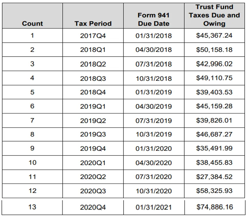 Arkadies_indictment_contained_a_list_of_taxes_that_she_failed_to_pay_the_federal_government_for_13_quarters_in_a_row
