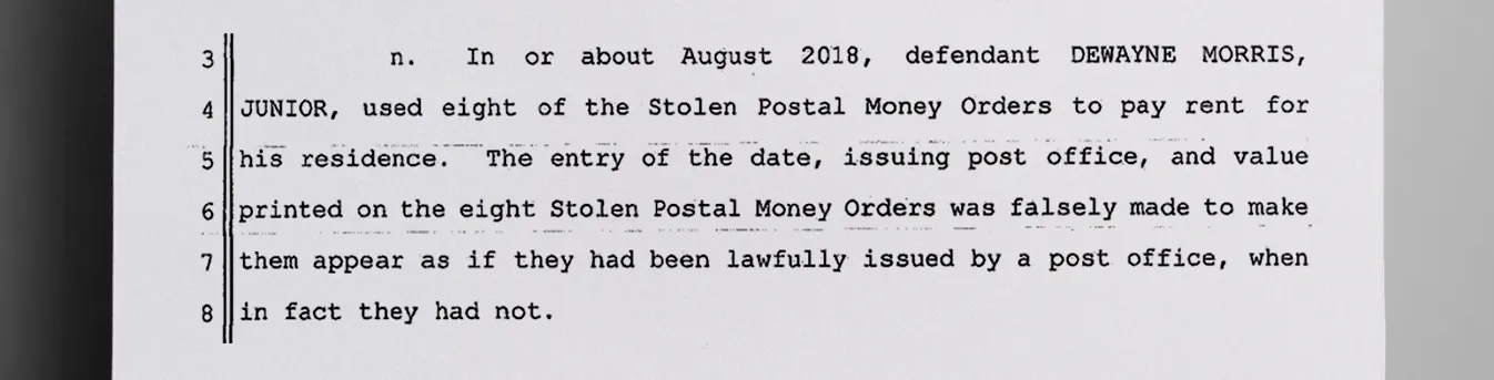Morris_scam_began_to_fall_apart_when_he_used_eight_of_the_stolen_money_orders_to_pay_his_own_rent