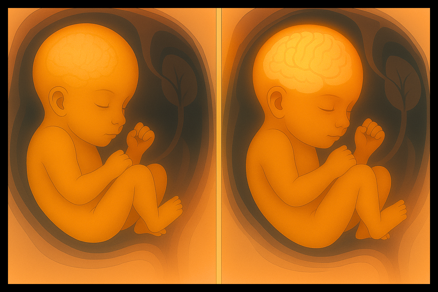 Side-by-side image of two babies showing contrast in internal brain glow—one still forming, one nearly complete.